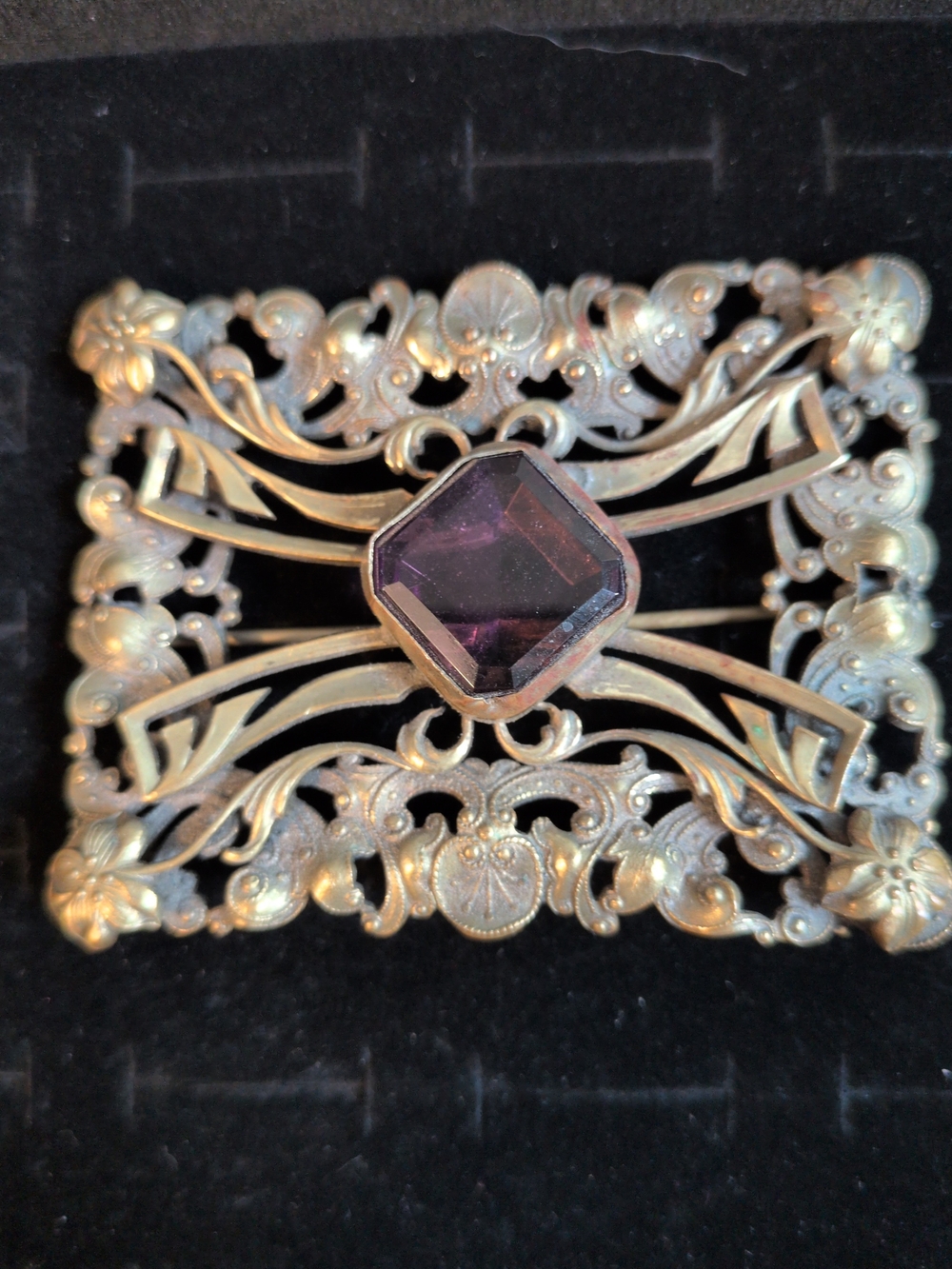 Antique Victorian Ornate Filigree Sash Brooch Pin with Purple Glass